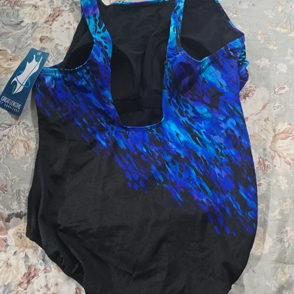 Womens Blue Patterned & Black One-Piece Swimsuit - Picture 2 of 2
